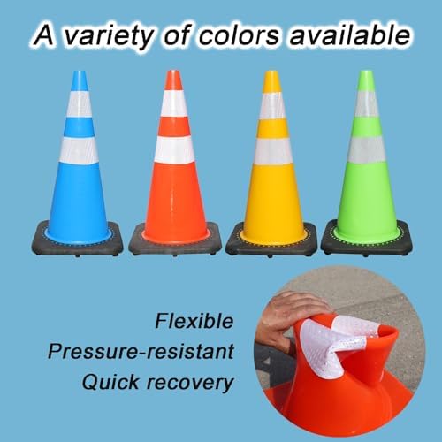 28" Blue Traffic Cones - 2 Pack Safety Cones with Reflective Strips for Parking Lot, Temporary Barricades, Durable Rubber Base for Enhanced Visibility and Stability