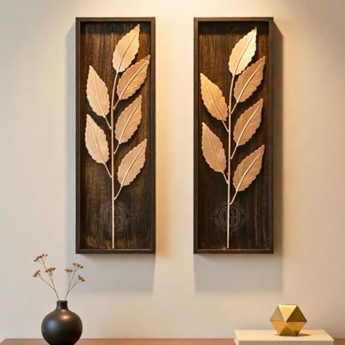 Image of DSH Leaf Wall Art Panels Modern Rustic Home Decor Wall Hanging Sculpture for Living Room, Bedroom & Office (45X15 CM) Decoration Item (Titan Leaf, 2 Frames)