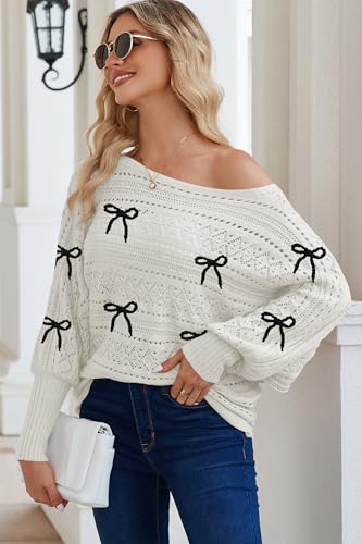 Image of Cakulo Womens Off Shoulder Crochet Sweater Top 2025 Fall Fashion Batwing Long Sleeve Sweaters Outfits Bow White L