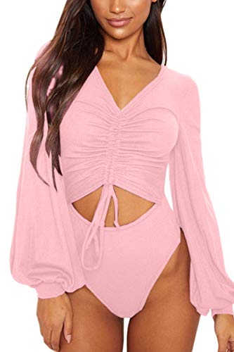 QINSEN Womens Fall V Neck Leotard Stretchy Long Sleeve Shapewear Cutout Bodysuits Pink L