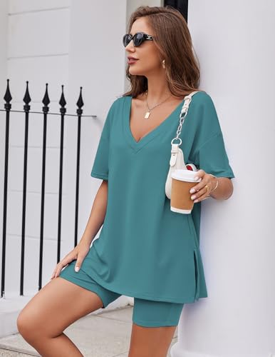 Image of Ekouaer Womens Pajamas 2 Piece Lounge Sets Oversized V Neck T-Shirts Tops Biker Shorts Set Workout Reversible Tracksuit S-XXL