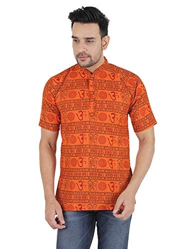 Image of THE MAKKI Trends - Om Printed Kurta for Men & Boys | Cotton Half Sleeve Mahadev Mahakal Kurta T-Shirt for Events, Festivals, and Religious Ceremonies (Regular)