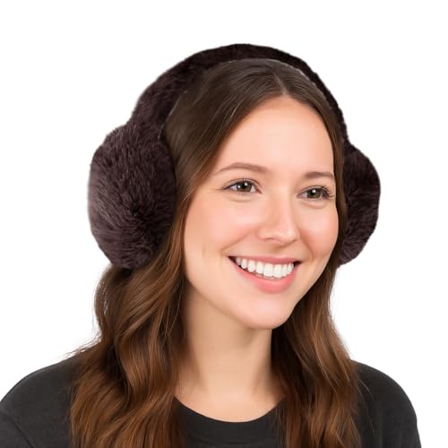 TZ Promise Fuzzy Faux Fur Earmuffs for Women Winter Warm Foldable Fluffy Ear Muffs for Cold Weather Outdoor (Brown)