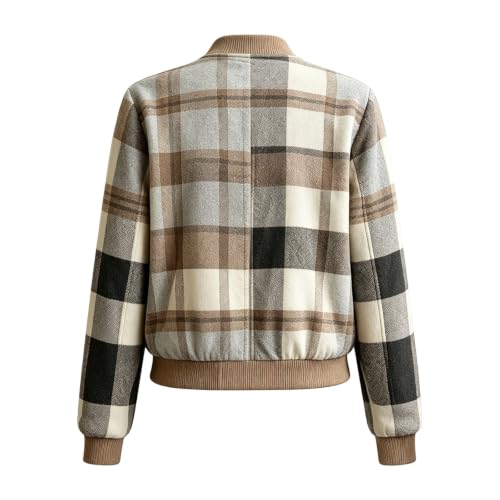 JiXiang Plaid Jacket Women Long Sleeve Stand Collar Baggy Outwear Casual Zip Up Lightweight Fall Winter Trendy Bomber Shacket - image 5