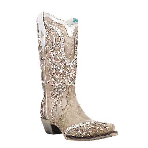 CORRAL LADIE'S WHITE OVERLAY & EMBROIDERY & STUDS & CRYSTALS, SNIP TOE, LEATHER SOLE, WESTERN, A38372