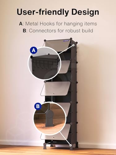 Image of BOXJOY 10 Shelf Shoe Rack with 5 Transparent Doors, 5 Hook Steel Holder & Wooden Hammer Home Storage PP Plastic Organizer with Metal Door Frame to Cover Chappal Slipper Sandals Shoes Box Stand (Black)
