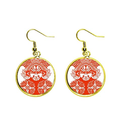 Pendientes de la Ópera de Pekín estilo dangle dorados con colgante de máscara roja para mujer
