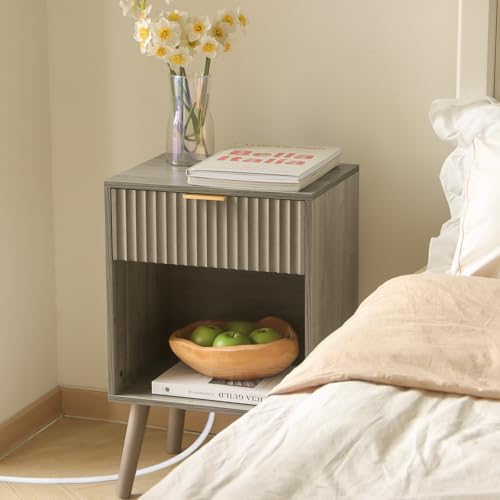 Image of Fultyle Grey Wood Nightstand with Charging Station, Modern Bedside Table with Fluted Drawers and Storage Shelf, End Side Tables Living Room for Bedroom, Office (Grey)