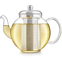 Teabloom Heritage Borosilicate Glass Teapot 40 oz Classic Round Design with Stainless Steel Infuser Stovetop Safe, Drip-Free Spout, Durable Heat-Resistant Tea Kettle for Loose Leaf or Teabags