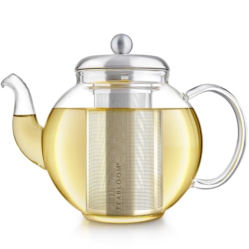 Teabloom Heritage Borosilicate Glass Teapot – 40 oz Classic Round Design with Stainless Steel Infuser – Stovetop Safe, Drip-Free Spout, Durable Heat-Resistant Tea Kettle for Loose Leaf or Teabags