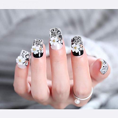 TJJF Falsche Nägel Hot Sell 24Pcs Hochzeit gefälschte Nägel für Braut Schwarz Glitter 3D weiße Blume Perle lange falsche… – Bild 5