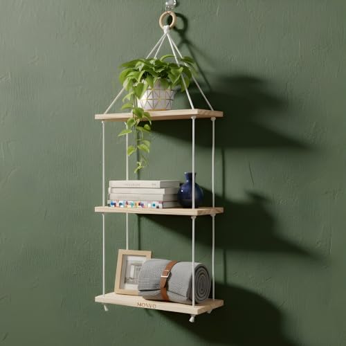 Image of No-Drill 3-Tier Wall Hanging Shelf | Elegant Boho Wall Decor for Plants and Home Decoration, Living Room, Bedroom & Balcony | Handwoven Art Piece