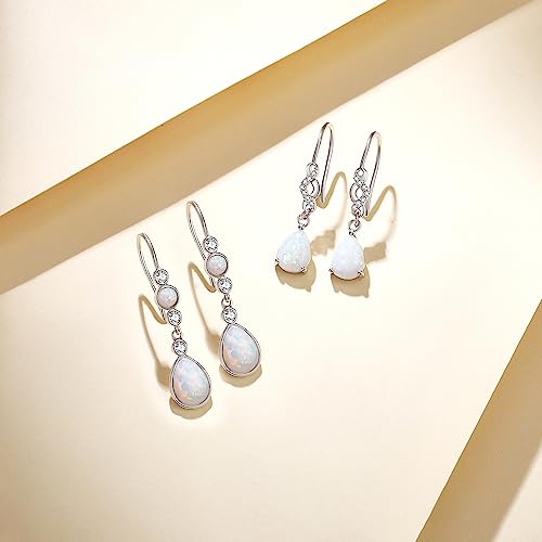 FANCIME Created Opal Earrings Sterling Silver Hook Earrings with 2 White Fire Opal Stones Teardrop October Birthstone Earrings Fine Jewelry for Women4