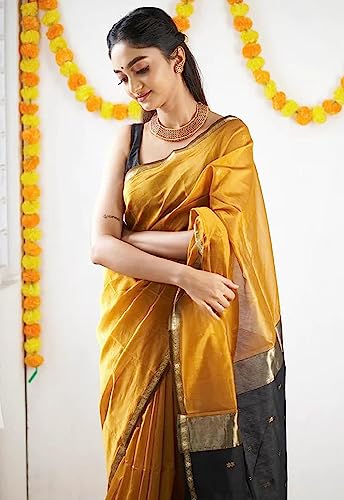 Image of SGF11 Women's Kanjivaram Soft Cotton Linen Silk Saree With Blouse Piece (Yellow Black)