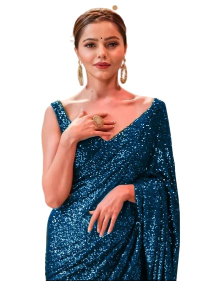 Image of Women's Bollywood Heavy Sequins Embroidery Work Georgette Saree with Unstitched Blouse