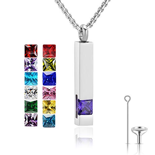 YOUFENG Urn Necklaces for Ashes Birthstone Cube Urns for Human Ashes Memorial Cremation Urn Locket Keepsake Ashes Jewelry (Silver - February)