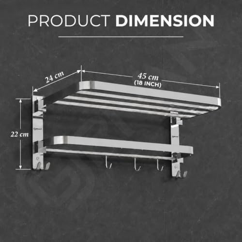Image of GRIVAN Stainless Steel Folding 18-Inch Towel Rack for Bathroom with Movable Hooks | Chrome Towel Rack Stand - Bathroom Hangers for Clothes (Silver, Pack of 1)