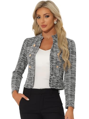 Allegra K Vintage Tweed Jackets for Women's Stand Collar Business Open Front Cropped Blazer Jacket Medium Black