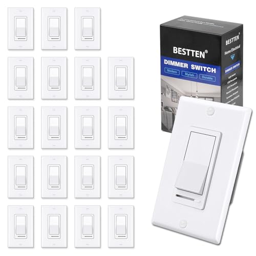Image of BESTTEN 20 Pack Dimmer Light Switch, Compatible with LED Dimmable Lamp, CFL, Incandescent, Halogen Bulb, Single Pole or 3 Way LED Slide Dimmer Switch, Decorator Wall Plate Included, UL Listed, White