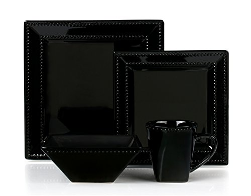 16 Piece Square Beaded Stoneware Dinnerware set by Lorren Home Trends, Black