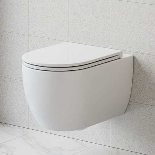 HOROW Wand WC Spülrandlos, Hänge WC Keramik, Toilette inkl. Toilettendeckel mit Absenkautomatik, Toiletten mit Einloch-Superspin-Spülung, Toilettenschüssel mit Nanobeschichtete Glasur, WC 54×36×35,5cm