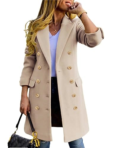 Image of Kinghua Wool Coats for Women Warm Fall Winter Double Breasted Notched Lapel Midi Long Wool Peacoat Jacket (Beige, M)