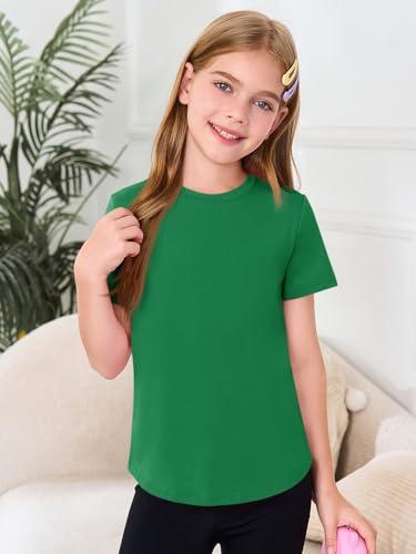Haloumoning Girls Short Sleeve T Shirts Kids Summer Crewneck Tops Curved Hem Tees 5-14 Years3