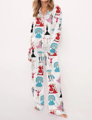 Satin Silk Christmas Pajamas Set for Women Cute Santa Claus Pjs Button Up Shirt+Pants 2 Piece Xmas Jammies2