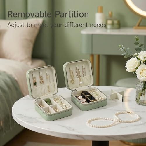 Image of CASEGRACE Travel Jewelry Case, Small Jewelry Box Portable Jewelry Travel Organizer Display Storage Case for Rings Earring Necklace Bracelet, Gift for Women Girls, Green