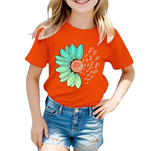 Girls Loose Fit Sunflower Graphic T Shirts Short Sleeve Crewneck Cute Pattern Printed Tops Kids (I-Orange, 4-5 Years)3