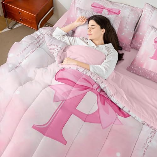 Image of Feelyou Boys Girls Pink Bowknot 7 Pieces Bedding Set Twin Size, Personalized Initial P Bed in A Bag Kids Princess Glitter Comforter Set with Sheets Bow Monogrammed Teens Bed Set Bedroom Decor 7Pcs