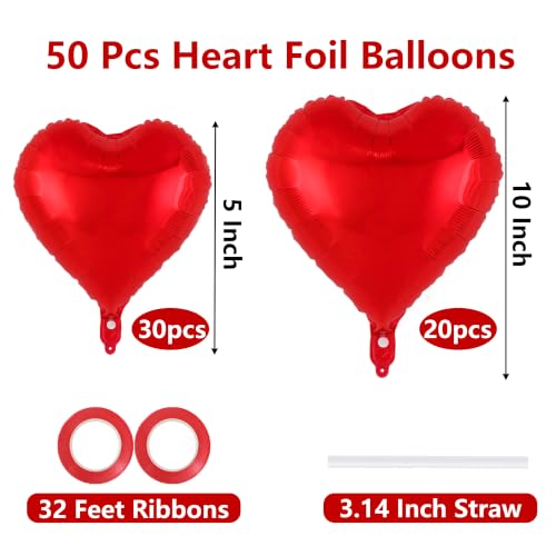 Image of 50 Pcs Red Heart Balloons,5 Inch and 10 Inch Heart Foil Balloons Love Balloon Valentine Balloon for Birthday Party Wedding Engagement Party Baby Shower Valentine Day Decorations