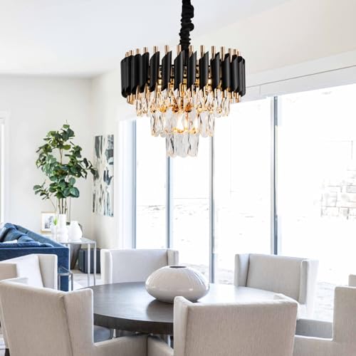 Image of SUANI Black Golden Italian K9 Crystal Pendant Ceiling Metal Chandelier | Chandelier for Living Room | Jhumar for Home | Jhoomar for Hotel | Chandelier Light, Black Gold, Round (400) mm
