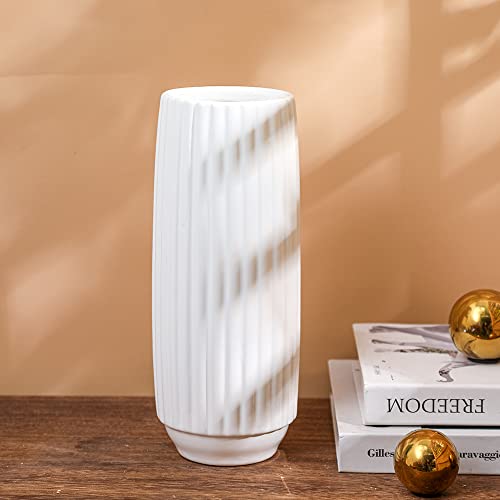 Weidilidu 10.5Inch White Modern Ceramic Vase Vertical Bar Round Porcelain Vase Home Decor Bright Geometric Design Flower Fill (W647White), White (White 647) #TOP6
