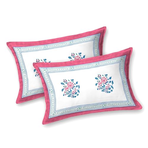 Image of DE CAMA Since 1997 | 100% Cotton 300 TC Premium King Size Bedsheet for Double Bed (90 x 108 Inch) with 2 Pillow Covers Set (17 x 27 Inch) Hand Block Printed Bedsheet Set - Pink