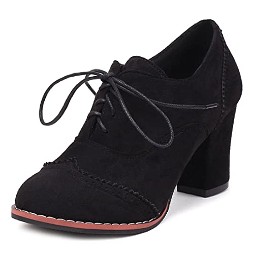 VOKLIN Women's Retro Round Toe Lace Up Dress Pumps Vegan Suede Chunky Block High Heel Work Office Pump Shoes
