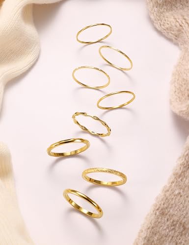 YADOCA 8Pcs 1MM 2MM Stainless Steel Rings for Women Men Minimalist Fashion Dainty Plain Thin Knuckle Stacking Midi Thumb Rings Stackable Statement Band Rings Set Silver Gold Tone Size 4-12 5