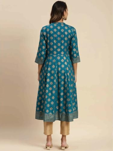 Image of rangita Teal Rayon Calf Length Printed Flared Kurti for Women | Kurta for Women