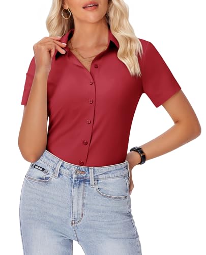Image of siliteelon Womens Button Down Shirt Slim Fit Stretch Short Sleeve Dress Shirt Wrinkle Free Collared Business Work Blouse Top