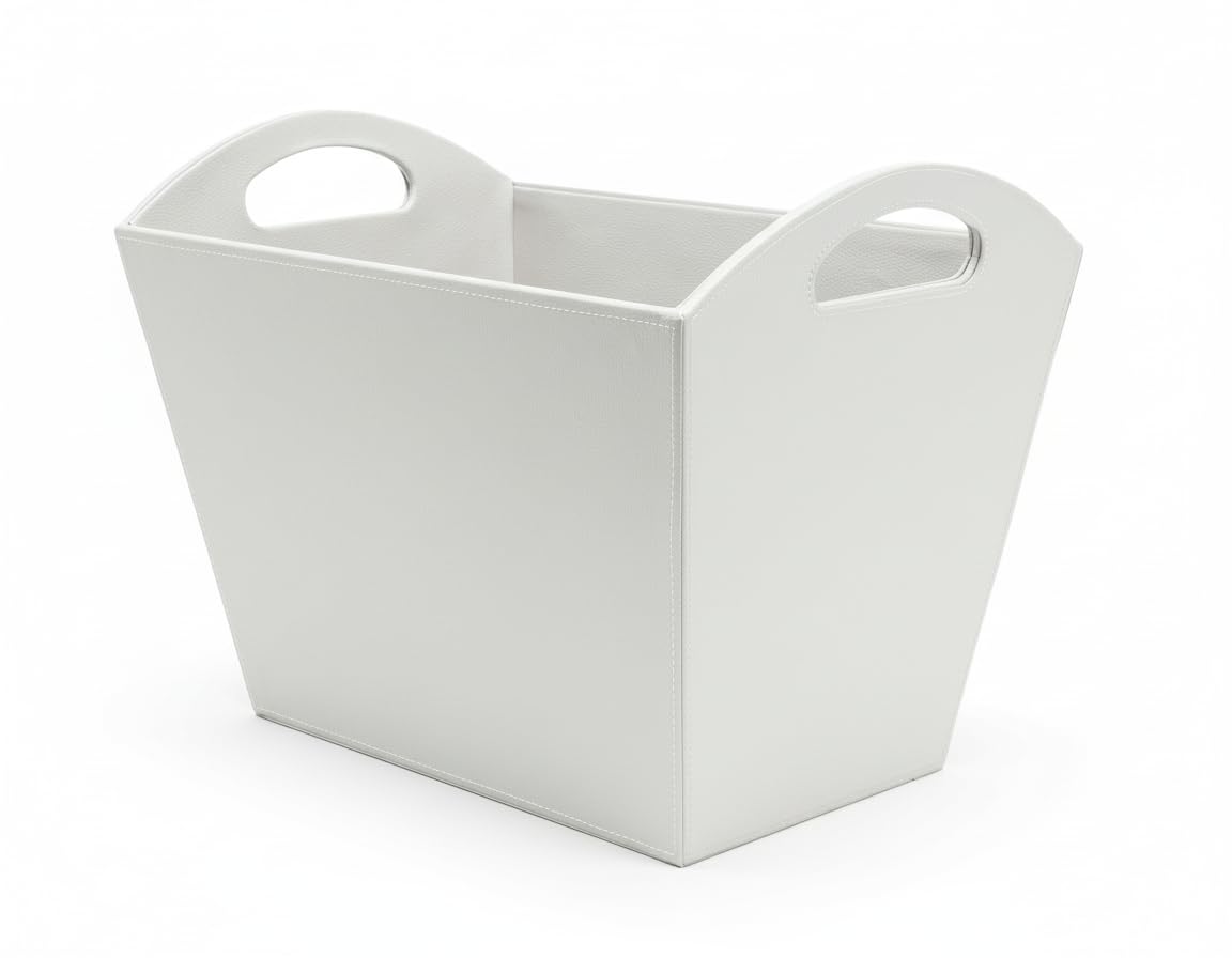 OSCO Faux Leather Magazine Basket, Stylish Carry-Handled Storage Bin for Magazines, Newspapers, Files & Brochures, Home & Office Organiser, 27×40.5×26 cm, White