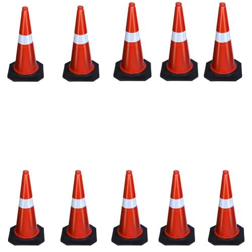 Image of ABS INDUSTRY Safety Cones Multipurpose PVC Plastic Traffic Safety Cone with Black Rubber Weighted Base and Highly Visible Reflective Collar (Pack of 10)