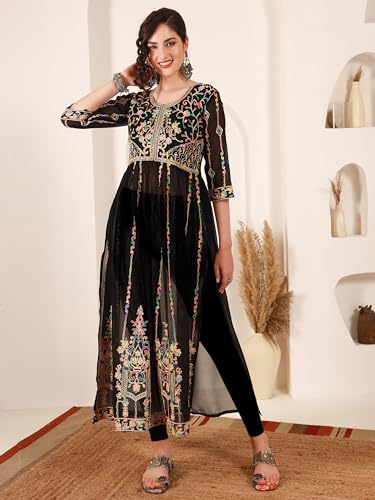 Image of EthnicJunction Women's Georgette Embroidered and Sequence Work Naira Cut Kurta and Dupatta Set