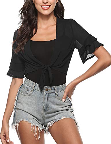 iClosam Women Sheer Shrug Tie Front 3/4 Sleeve Cropped Bolero Shrug Cardigan (Black, X-Large)