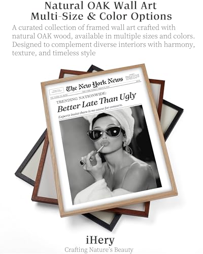 ihery natural oak wood audrey hepburn newspaper trendy framed wall art 12x16 in vintage headline canvas bedroom wall decor better late than uglybathroom artwork apartment girly dorm room 1pack