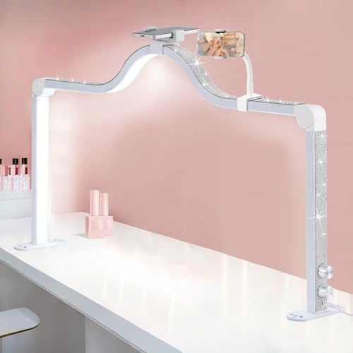 Afatnao Upgraded Nail Tech Lamp with Dual Phone Holder, 34 in Foldable Large Nail Light for Desk, 3 Modes 3000K-6000K LED Manicure Lamp, Half Moon Light for Lash Eyelash Extension, Tattoo, Eyebrows