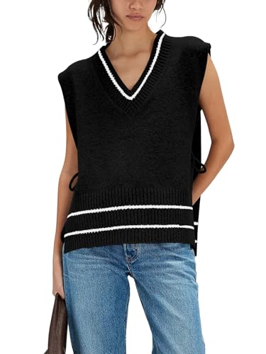 Yesfashion Womens Sleeveless Striped Ponch Sweaters V Neck Color Block Tie Side Going Out Knit Pullover Sweater Vest Tops