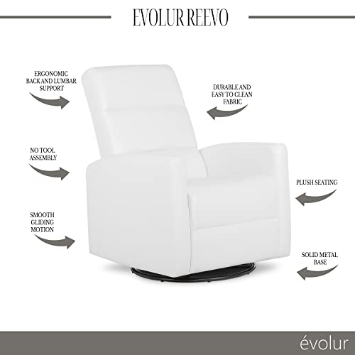 Evolur Reevo Upholstered Faux Leather Seating Glider Swivel in White, Glider Chair for Nursery, Greenguard Gold Certified, Tool-Free Assembly, Easy to Clean