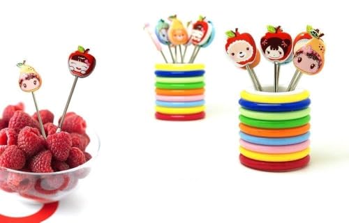 Image of Baby Self Feeding Spoon and Fork Set with Travel Case Stainless Steel Kids Cutlery Toddler Training Utensils Color as per Stock (Fruit Forks with Rings Stand)