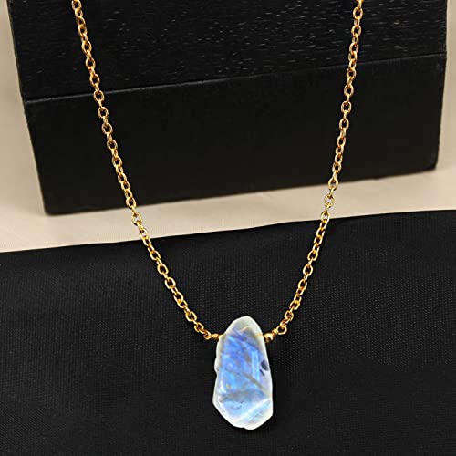 Gempires Raw Rainbow Moonstone Pendant Necklace For Women, Moonstone Rough Crystal, June Birthstone, Bridesmaid Jewelry, 18 Inches Adjustable Gold Plated Chain #TOP3