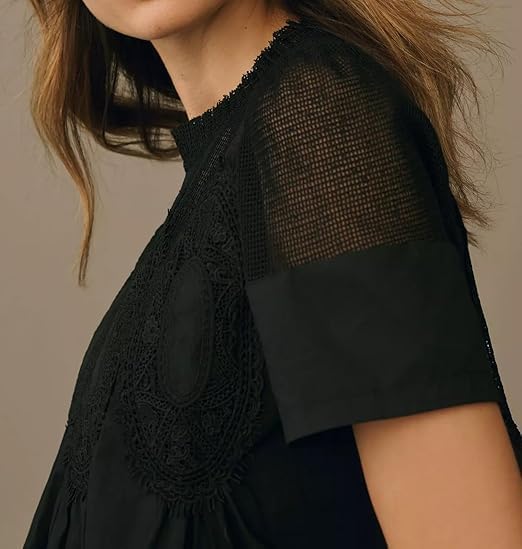 MISSACTIVER Women Lace Trim Short Sleeve Blouse Swing Crew Neck Ruffle Hem Mesh Shirts Summer Loose Poplin Babydoll Tops - Image 3